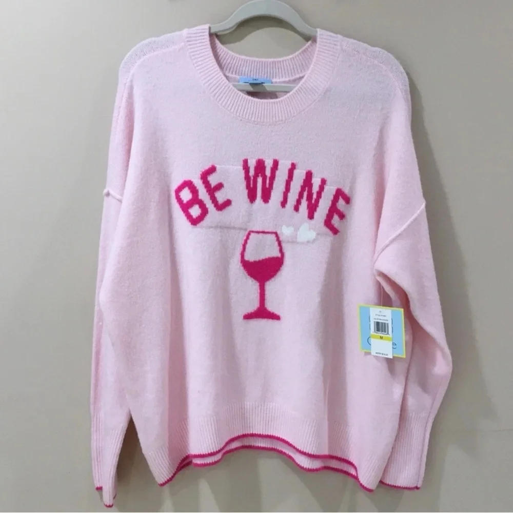 NWT CeCe Women’s XL Top Sweater Pullover Oversize Knit Pink “Be Wine” - Picture 1 of 5